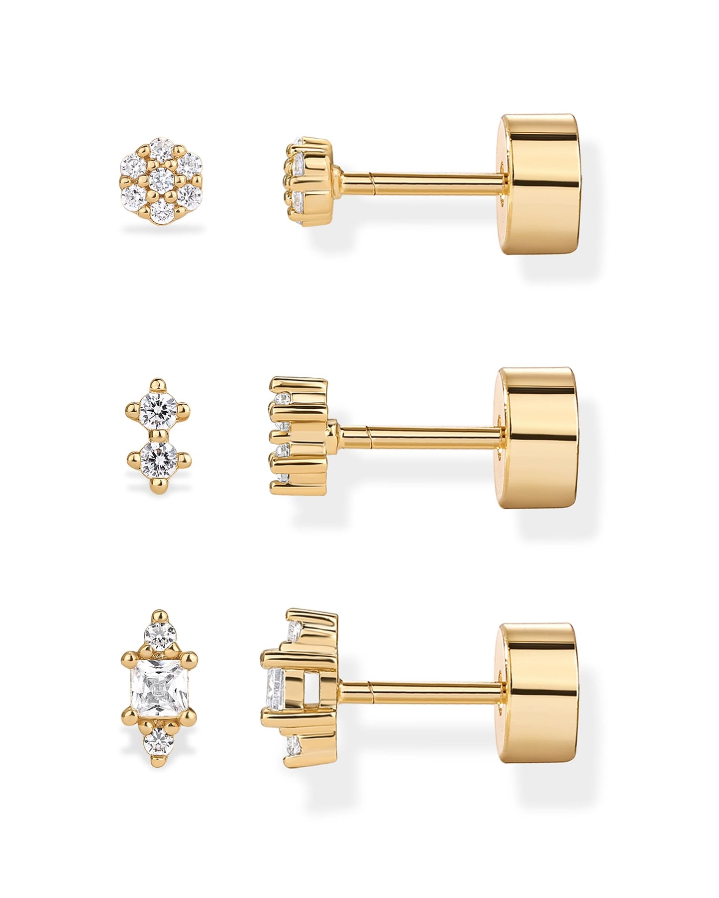 PAVOI 14K Gold Plated Sterling Silver Posts Dainty Mini Multi-Shape Flat Back Stud Earring Pack for Women | Helix Cartilage Piercing Jewelry