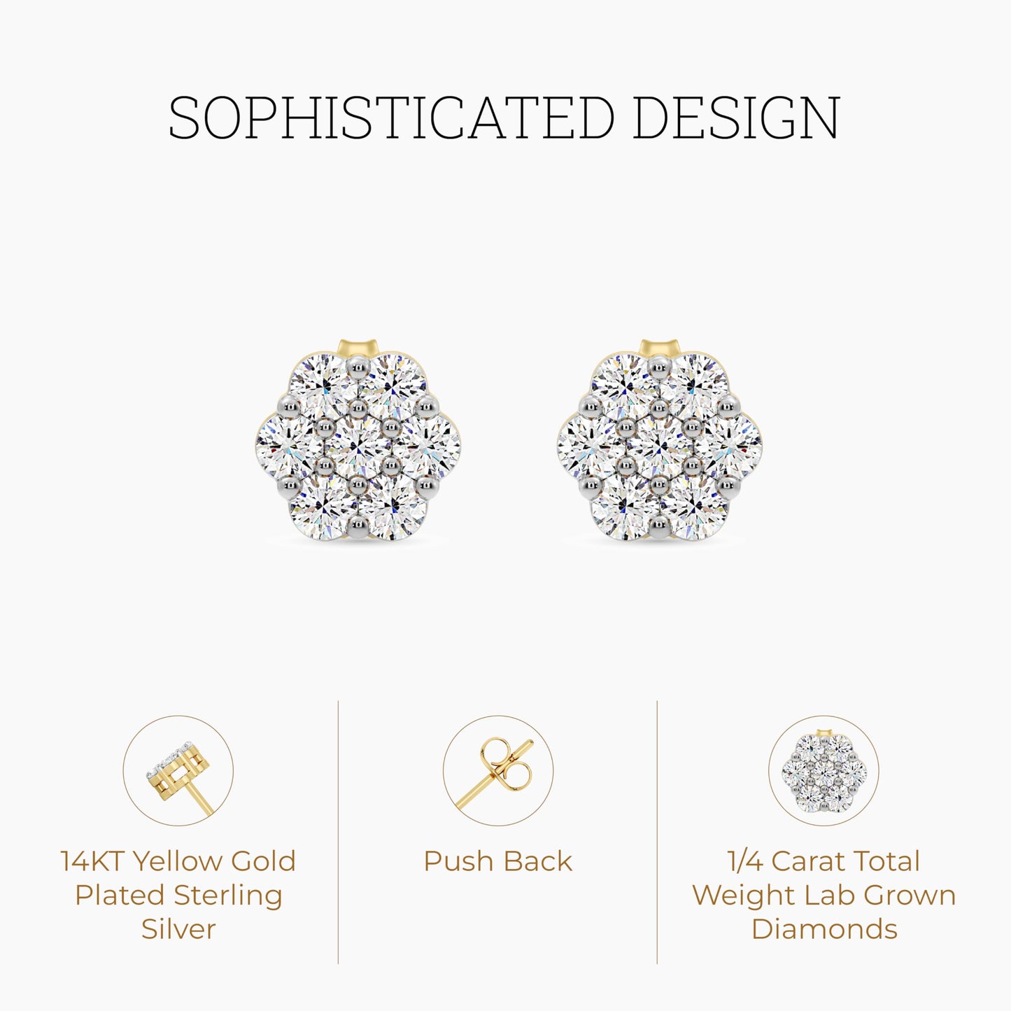 Gilded Lab-Grown Diamond 7 Stone Flower Earrings for Women in 925 Sterling Silver and 14KT Yellow Gold Plated Silver | Hypoallergenic Fine Jewelry | Hinged Closure | SI1 Clarity, F Color |1/4,1/2, 1,2 Carat Total Weight
