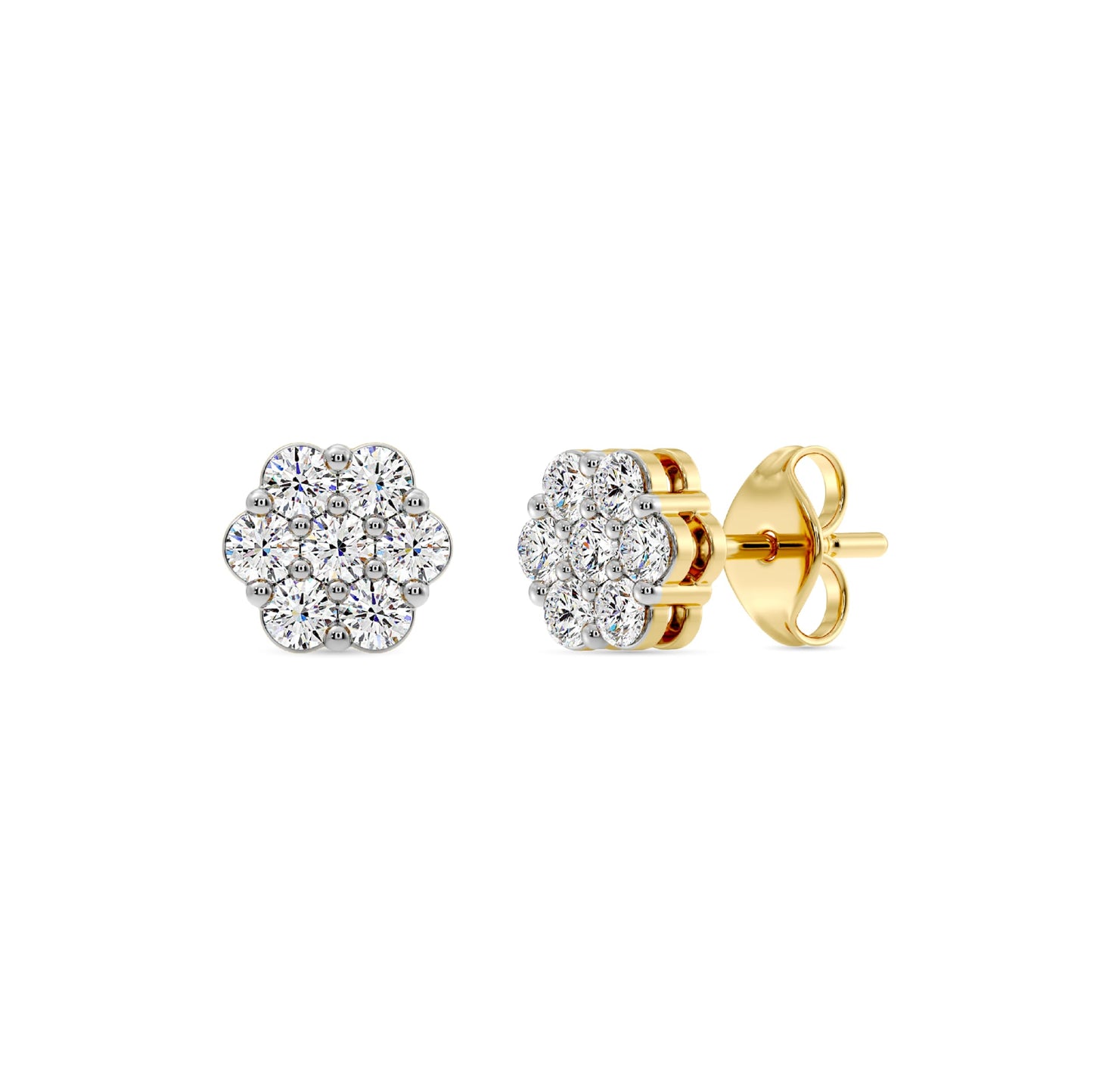 Gilded Lab-Grown Diamond 7 Stone Flower Earrings for Women in 925 Sterling Silver and 14KT Yellow Gold Plated Silver | Hypoallergenic Fine Jewelry | Hinged Closure | SI1 Clarity, F Color |1/4,1/2, 1,2 Carat Total Weight