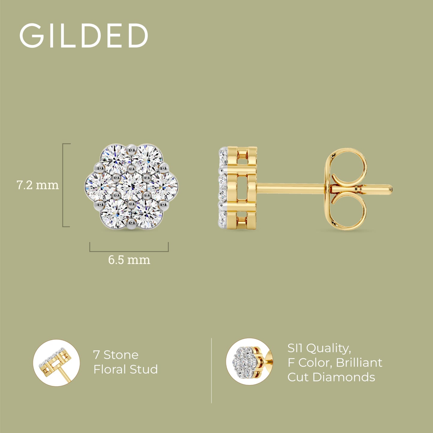 Gilded Lab-Grown Diamond 7 Stone Flower Earrings for Women in 925 Sterling Silver and 14KT Yellow Gold Plated Silver | Hypoallergenic Fine Jewelry | Hinged Closure | SI1 Clarity, F Color |1/4,1/2, 1,2 Carat Total Weight