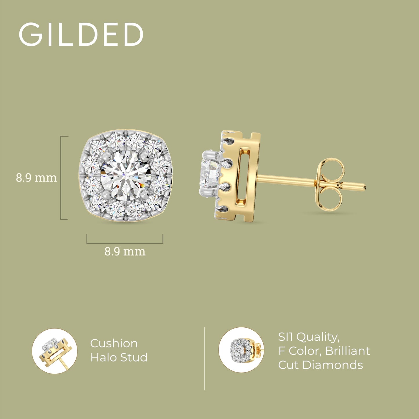 Gilded Lab-Grown Diamond Sterling Silver and 14KT Yellow Gold Plated Silver Stud Earrings for Women | Cushion Halo Shaped Studs | Hypoallergenic Fine Jewelry | Prong Setting, Push Back Nut | SI1 Clarity, F Color 1/4, 1/2, ,1 Carat Total Weight