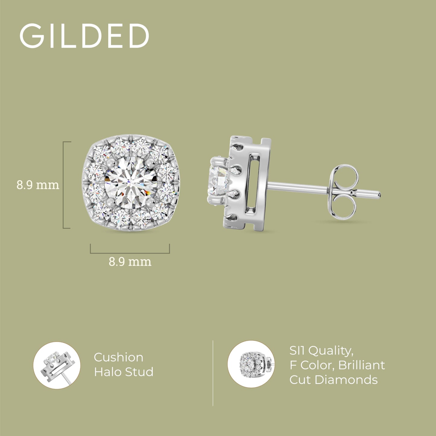 Gilded Lab-Grown Diamond Sterling Silver and 14KT Yellow Gold Plated Silver Stud Earrings for Women | Cushion Halo Shaped Studs | Hypoallergenic Fine Jewelry | Prong Setting, Push Back Nut | SI1 Clarity, F Color 1/4, 1/2, ,1 Carat Total Weight