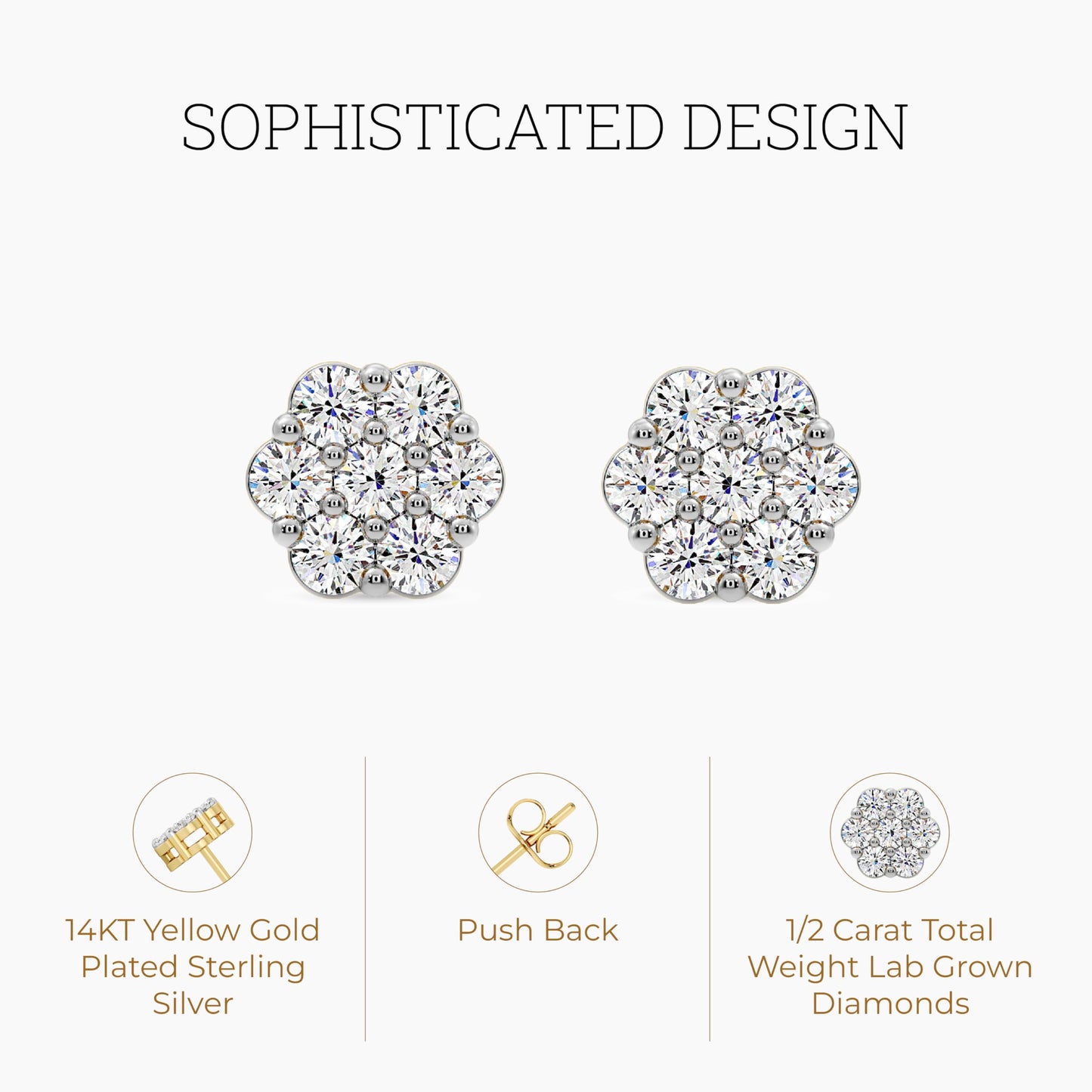 Gilded Lab-Grown Diamond 7 Stone Flower Earrings for Women in 925 Sterling Silver and 14KT Yellow Gold Plated Silver | Hypoallergenic Fine Jewelry | Hinged Closure | SI1 Clarity, F Color |1/4,1/2, 1,2 Carat Total Weight