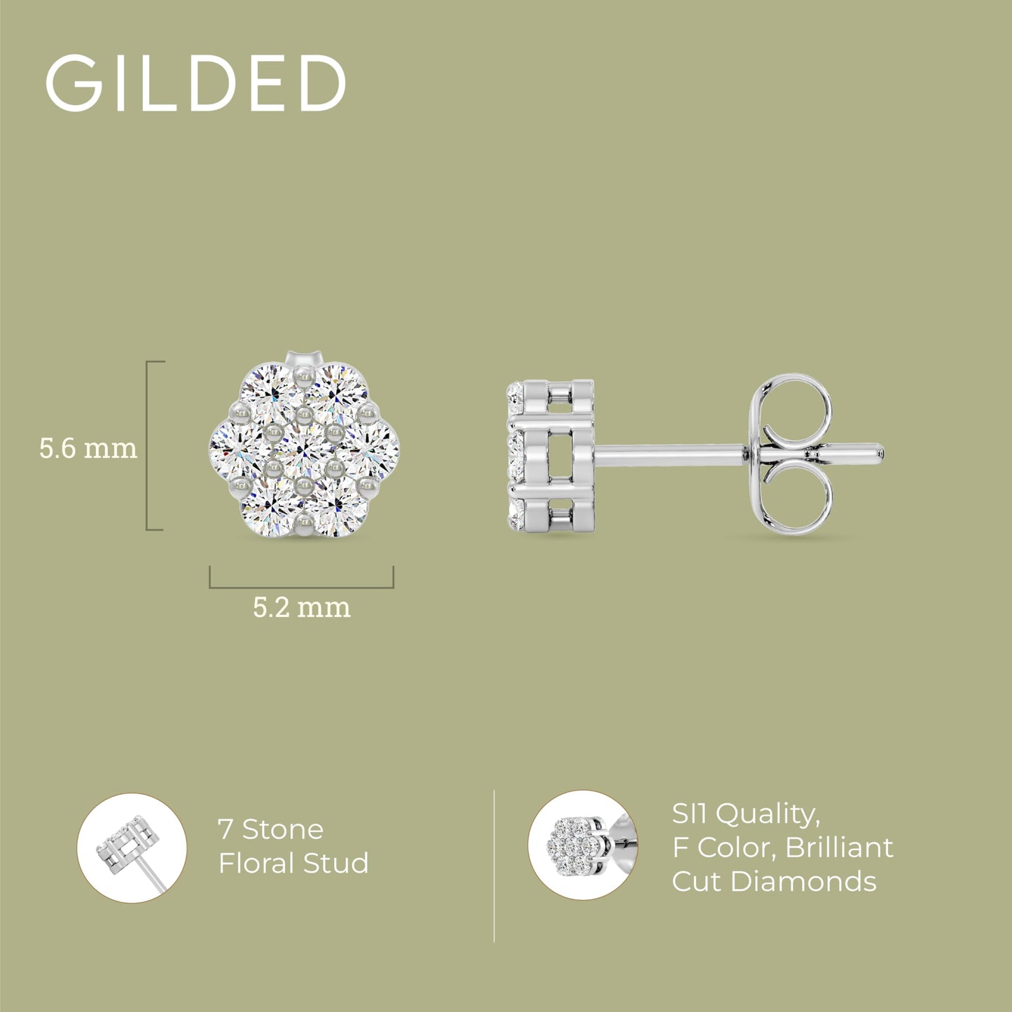Gilded Lab-Grown Diamond 7 Stone Flower Earrings for Women in 925 Sterling Silver and 14KT Yellow Gold Plated Silver | Hypoallergenic Fine Jewelry | Hinged Closure | SI1 Clarity, F Color |1/4,1/2, 1,2 Carat Total Weight