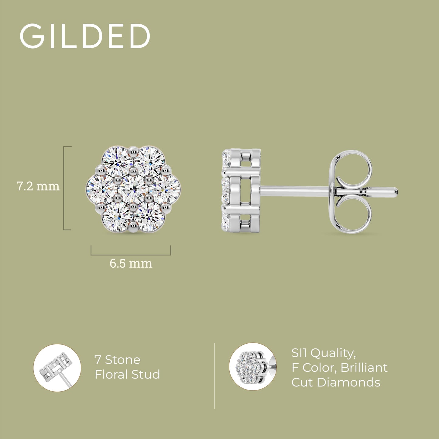 Gilded Lab-Grown Diamond 7 Stone Flower Earrings for Women in 925 Sterling Silver and 14KT Yellow Gold Plated Silver | Hypoallergenic Fine Jewelry | Hinged Closure | SI1 Clarity, F Color |1/4,1/2, 1,2 Carat Total Weight