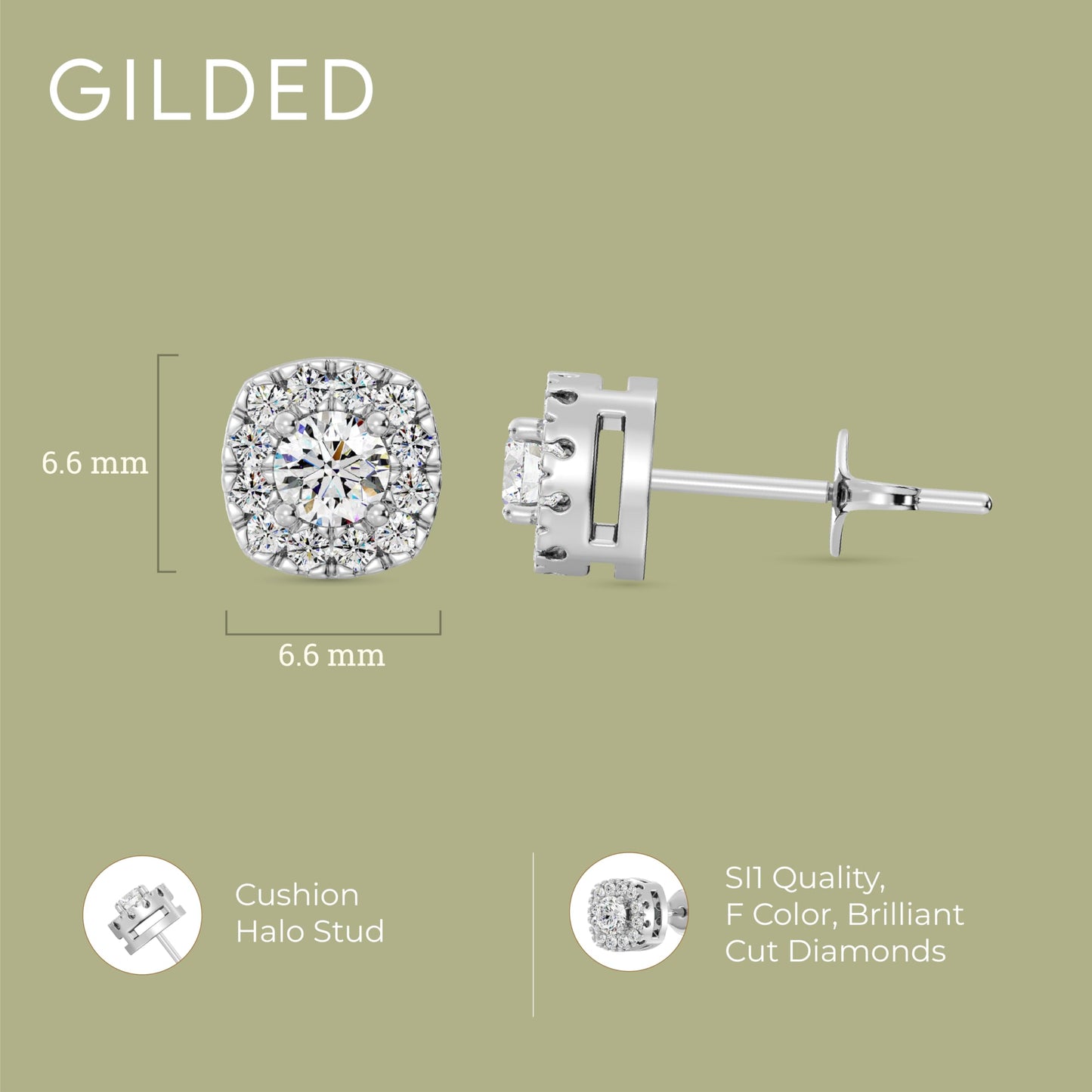 Gilded Lab-Grown Diamond Sterling Silver and 14KT Yellow Gold Plated Silver Stud Earrings for Women | Cushion Halo Shaped Studs | Hypoallergenic Fine Jewelry | Prong Setting, Push Back Nut | SI1 Clarity, F Color 1/4, 1/2, ,1 Carat Total Weight