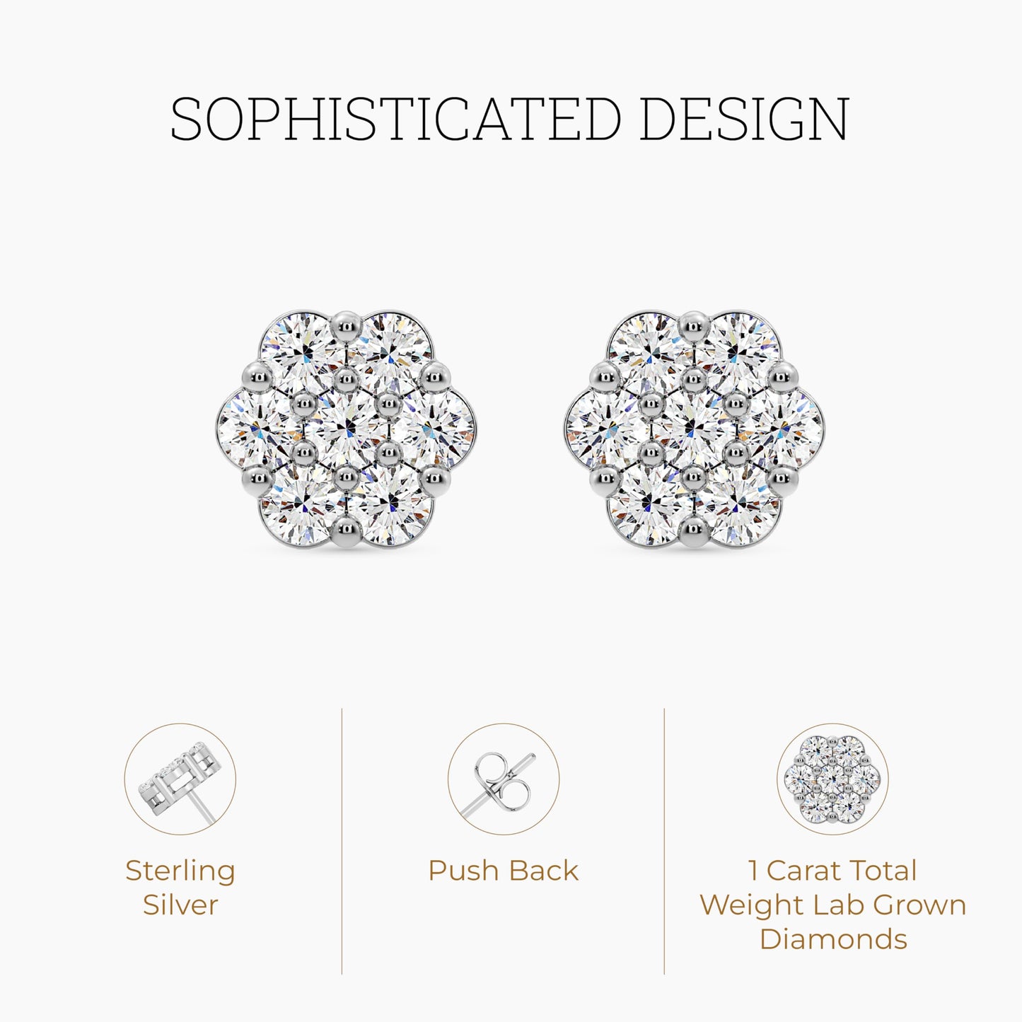 Gilded Lab-Grown Diamond 7 Stone Flower Earrings for Women in 925 Sterling Silver and 14KT Yellow Gold Plated Silver | Hypoallergenic Fine Jewelry | Hinged Closure | SI1 Clarity, F Color |1/4,1/2, 1,2 Carat Total Weight