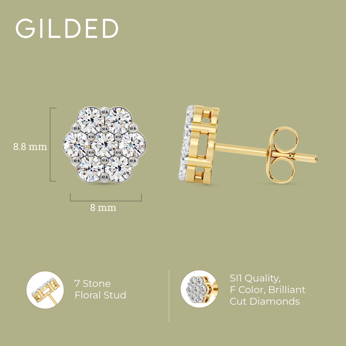 Gilded Lab-Grown Diamond 7 Stone Flower Earrings for Women in 925 Sterling Silver and 14KT Yellow Gold Plated Silver | Hypoallergenic Fine Jewelry | Hinged Closure | SI1 Clarity, F Color |1/4,1/2, 1,2 Carat Total Weight