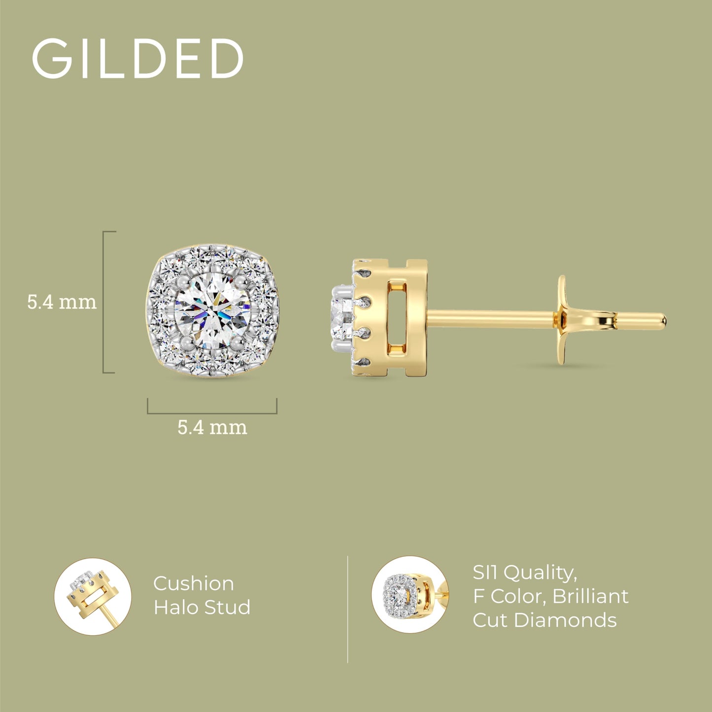 Gilded Lab-Grown Diamond Sterling Silver and 14KT Yellow Gold Plated Silver Stud Earrings for Women | Cushion Halo Shaped Studs | Hypoallergenic Fine Jewelry | Prong Setting, Push Back Nut | SI1 Clarity, F Color 1/4, 1/2, ,1 Carat Total Weight