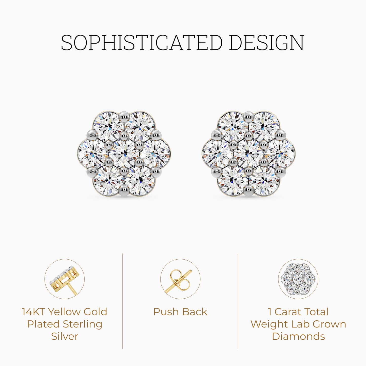 Gilded Lab-Grown Diamond 7 Stone Flower Earrings for Women in 925 Sterling Silver and 14KT Yellow Gold Plated Silver | Hypoallergenic Fine Jewelry | Hinged Closure | SI1 Clarity, F Color |1/4,1/2, 1,2 Carat Total Weight
