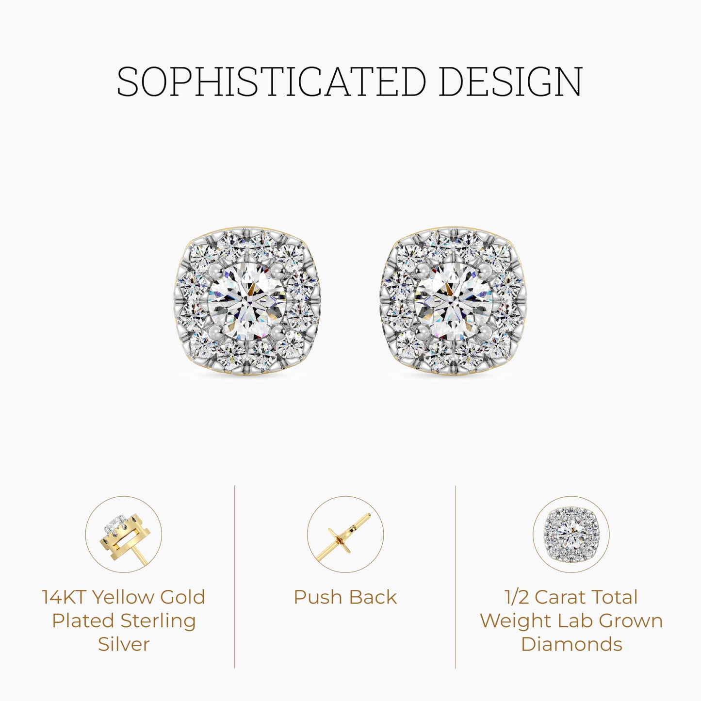 Gilded Lab-Grown Diamond Sterling Silver and 14KT Yellow Gold Plated Silver Stud Earrings for Women | Cushion Halo Shaped Studs | Hypoallergenic Fine Jewelry | Prong Setting, Push Back Nut | SI1 Clarity, F Color 1/4, 1/2, ,1 Carat Total Weight
