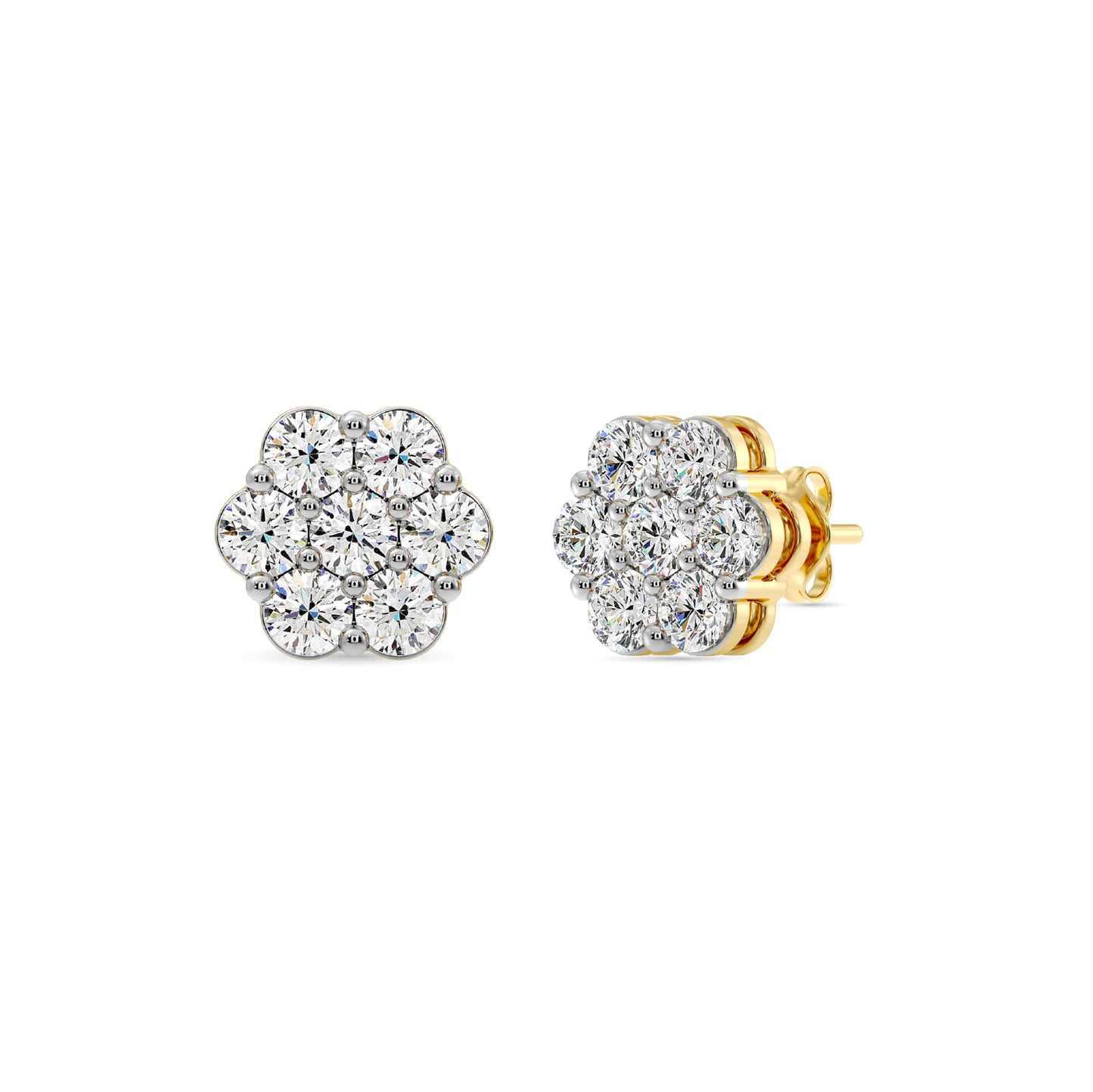 Gilded Lab-Grown Diamond 7 Stone Flower Earrings for Women in 925 Sterling Silver and 14KT Yellow Gold Plated Silver | Hypoallergenic Fine Jewelry | Hinged Closure | SI1 Clarity, F Color |1/4,1/2, 1,2 Carat Total Weight