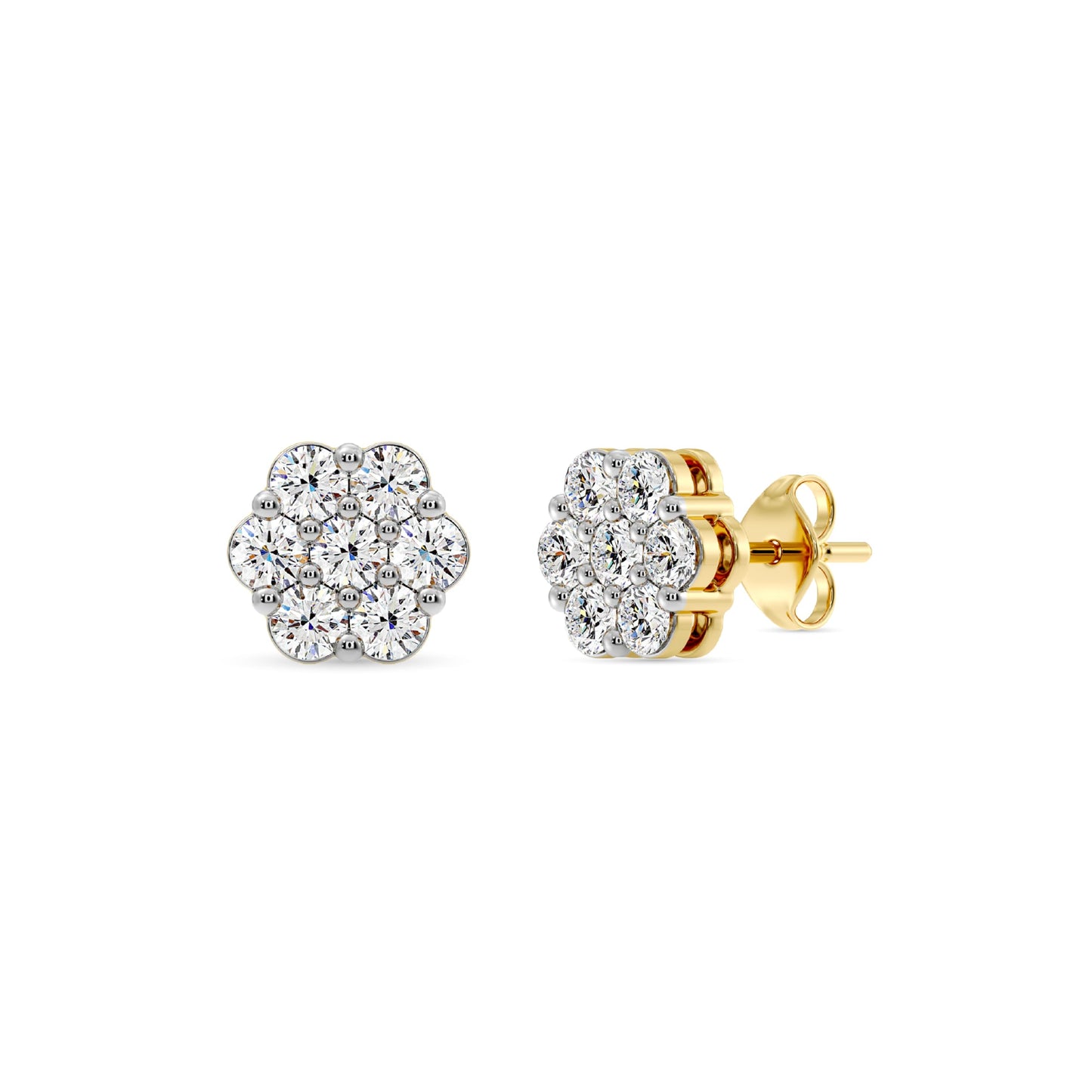 Gilded Lab-Grown Diamond 7 Stone Flower Earrings for Women in 925 Sterling Silver and 14KT Yellow Gold Plated Silver | Hypoallergenic Fine Jewelry | Hinged Closure | SI1 Clarity, F Color |1/4,1/2, 1,2 Carat Total Weight