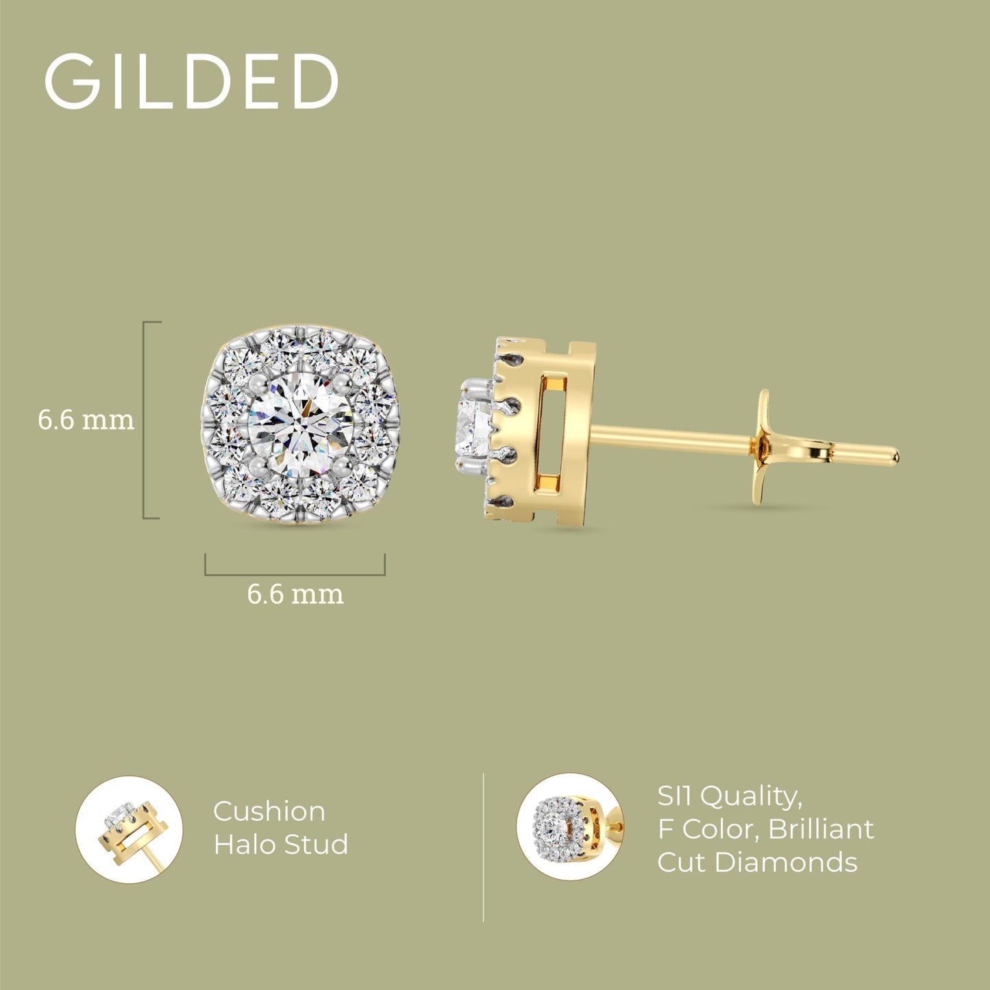 Gilded Lab-Grown Diamond Sterling Silver and 14KT Yellow Gold Plated Silver Stud Earrings for Women | Cushion Halo Shaped Studs | Hypoallergenic Fine Jewelry | Prong Setting, Push Back Nut | SI1 Clarity, F Color 1/4, 1/2, ,1 Carat Total Weight