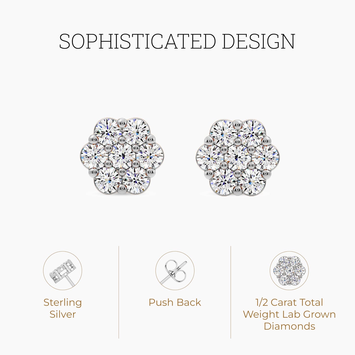 Gilded Lab-Grown Diamond 7 Stone Flower Earrings for Women in 925 Sterling Silver and 14KT Yellow Gold Plated Silver | Hypoallergenic Fine Jewelry | Hinged Closure | SI1 Clarity, F Color |1/4,1/2, 1,2 Carat Total Weight