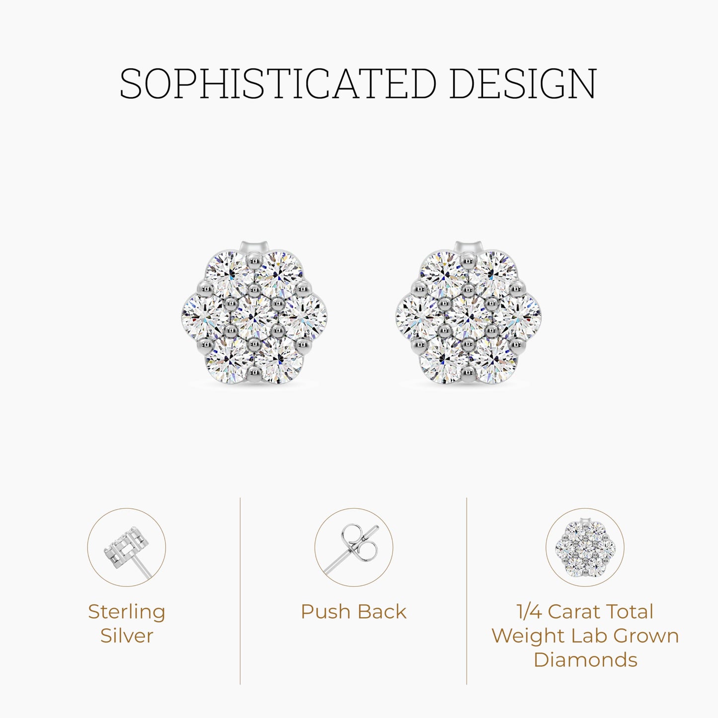 Gilded Lab-Grown Diamond 7 Stone Flower Earrings for Women in 925 Sterling Silver and 14KT Yellow Gold Plated Silver | Hypoallergenic Fine Jewelry | Hinged Closure | SI1 Clarity, F Color |1/4,1/2, 1,2 Carat Total Weight