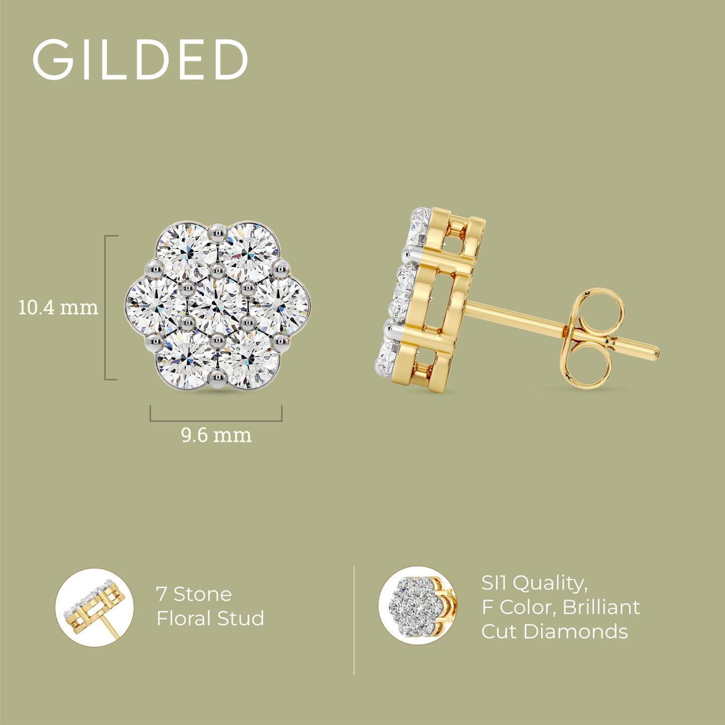 Gilded Lab-Grown Diamond 7 Stone Flower Earrings for Women in 925 Sterling Silver and 14KT Yellow Gold Plated Silver | Hypoallergenic Fine Jewelry | Hinged Closure | SI1 Clarity, F Color |1/4,1/2, 1,2 Carat Total Weight