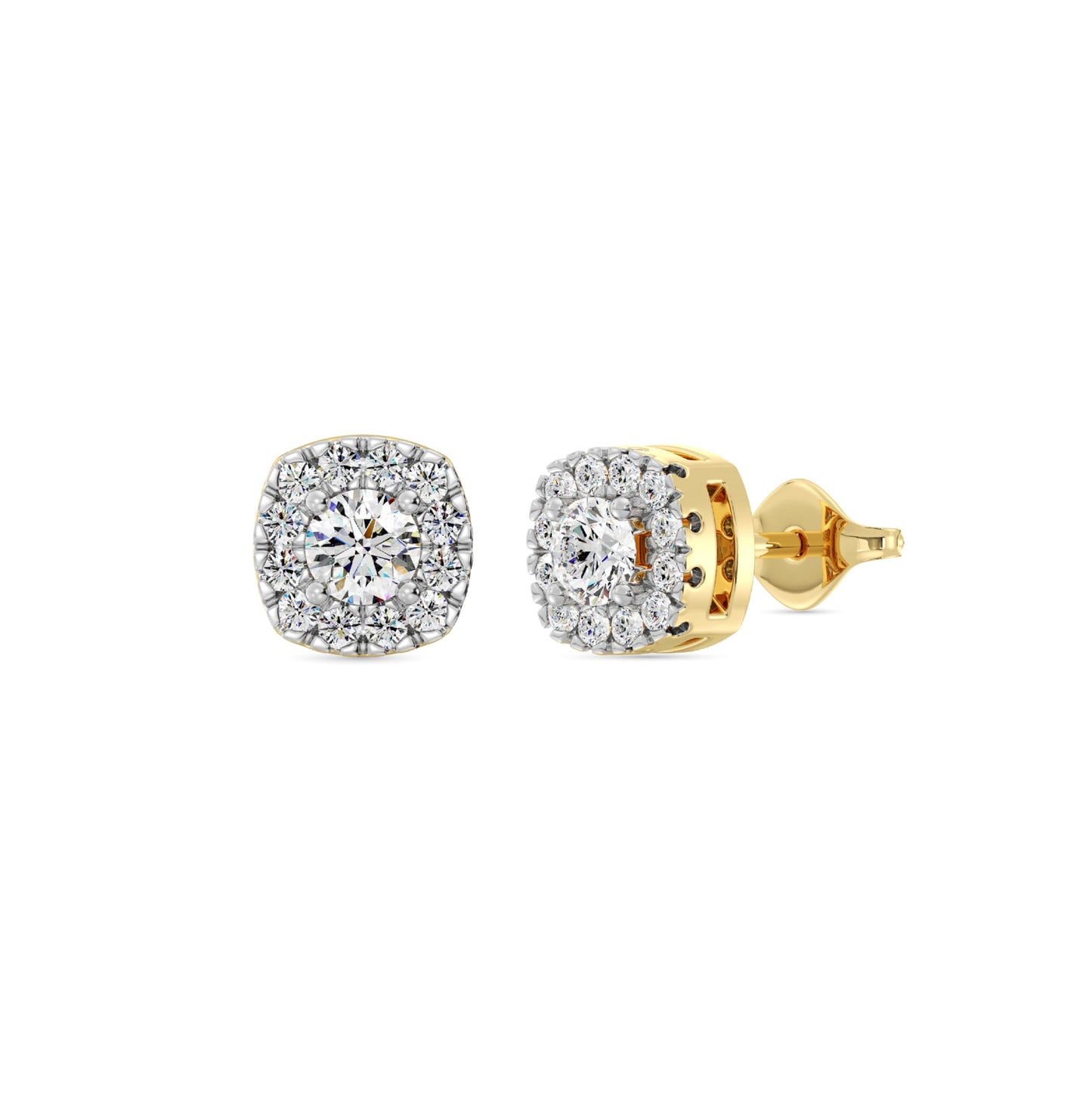 Gilded Lab-Grown Diamond Sterling Silver and 14KT Yellow Gold Plated Silver Stud Earrings for Women | Cushion Halo Shaped Studs | Hypoallergenic Fine Jewelry | Prong Setting, Push Back Nut | SI1 Clarity, F Color 1/4, 1/2, ,1 Carat Total Weight