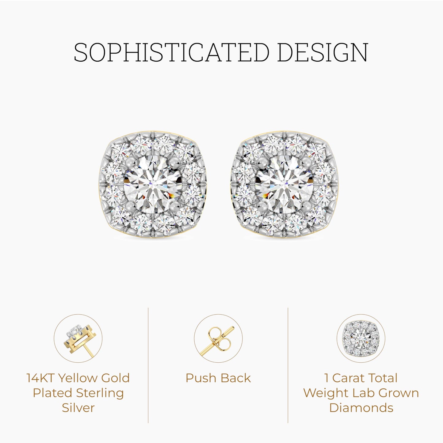 Gilded Lab-Grown Diamond Sterling Silver and 14KT Yellow Gold Plated Silver Stud Earrings for Women | Cushion Halo Shaped Studs | Hypoallergenic Fine Jewelry | Prong Setting, Push Back Nut | SI1 Clarity, F Color 1/4, 1/2, ,1 Carat Total Weight