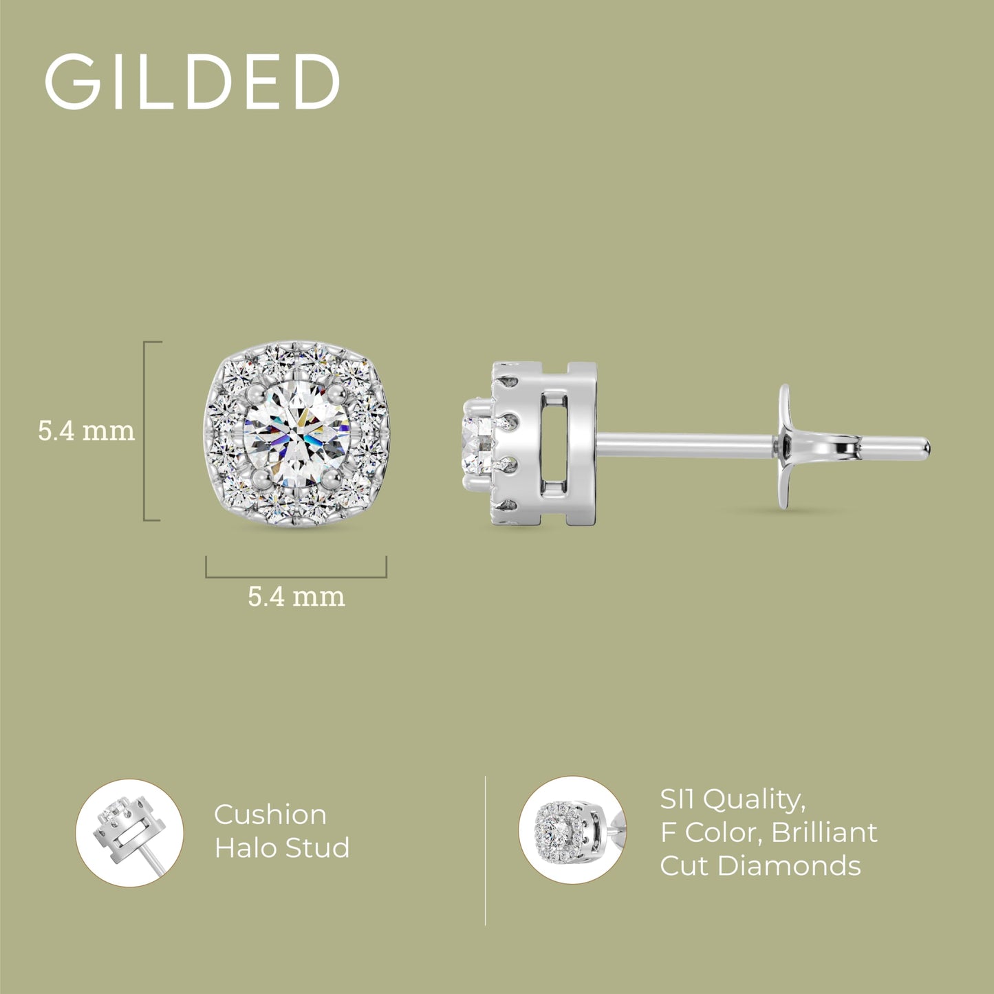 Gilded Lab-Grown Diamond Sterling Silver and 14KT Yellow Gold Plated Silver Stud Earrings for Women | Cushion Halo Shaped Studs | Hypoallergenic Fine Jewelry | Prong Setting, Push Back Nut | SI1 Clarity, F Color 1/4, 1/2, ,1 Carat Total Weight