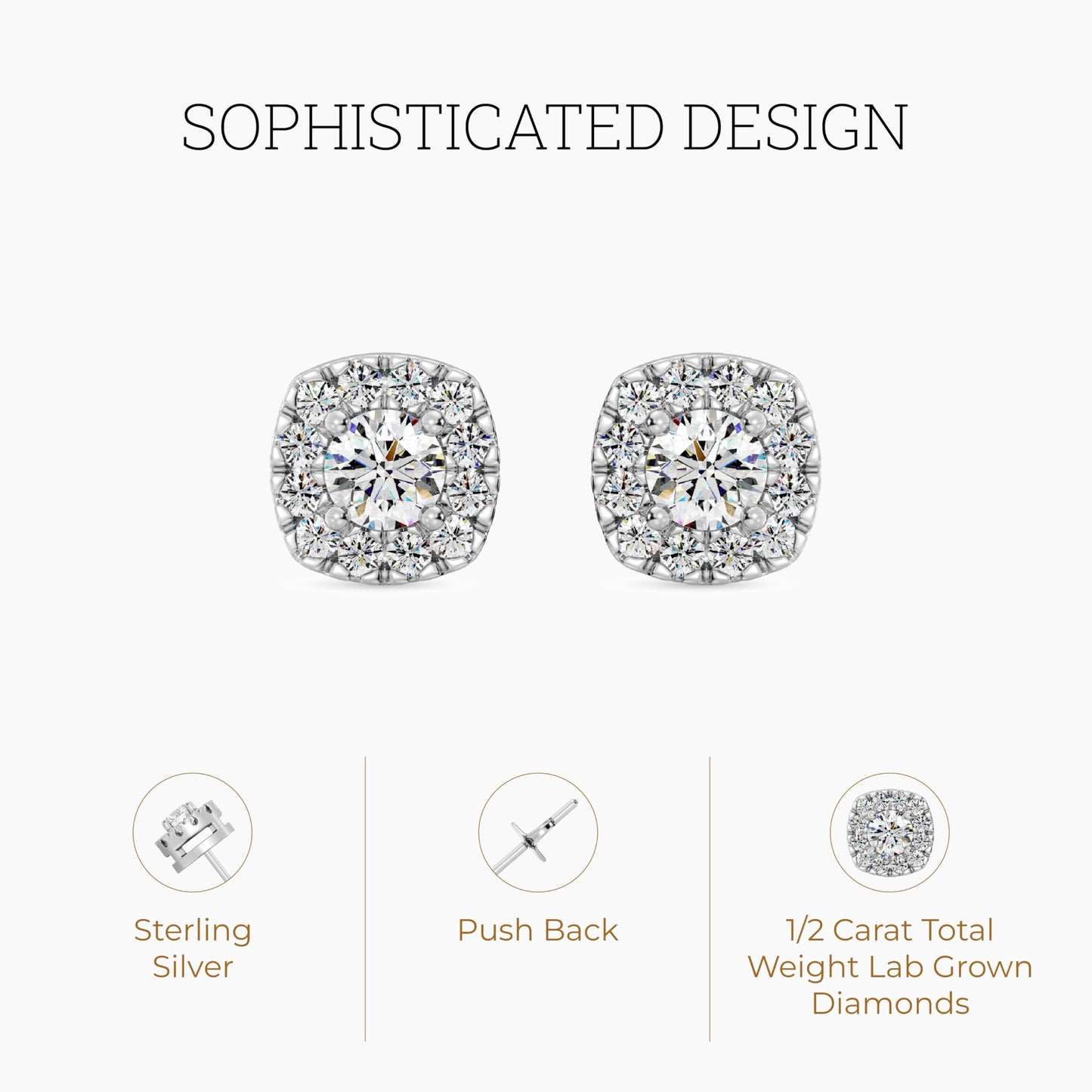 Gilded Lab-Grown Diamond Sterling Silver and 14KT Yellow Gold Plated Silver Stud Earrings for Women | Cushion Halo Shaped Studs | Hypoallergenic Fine Jewelry | Prong Setting, Push Back Nut | SI1 Clarity, F Color 1/4, 1/2, ,1 Carat Total Weight