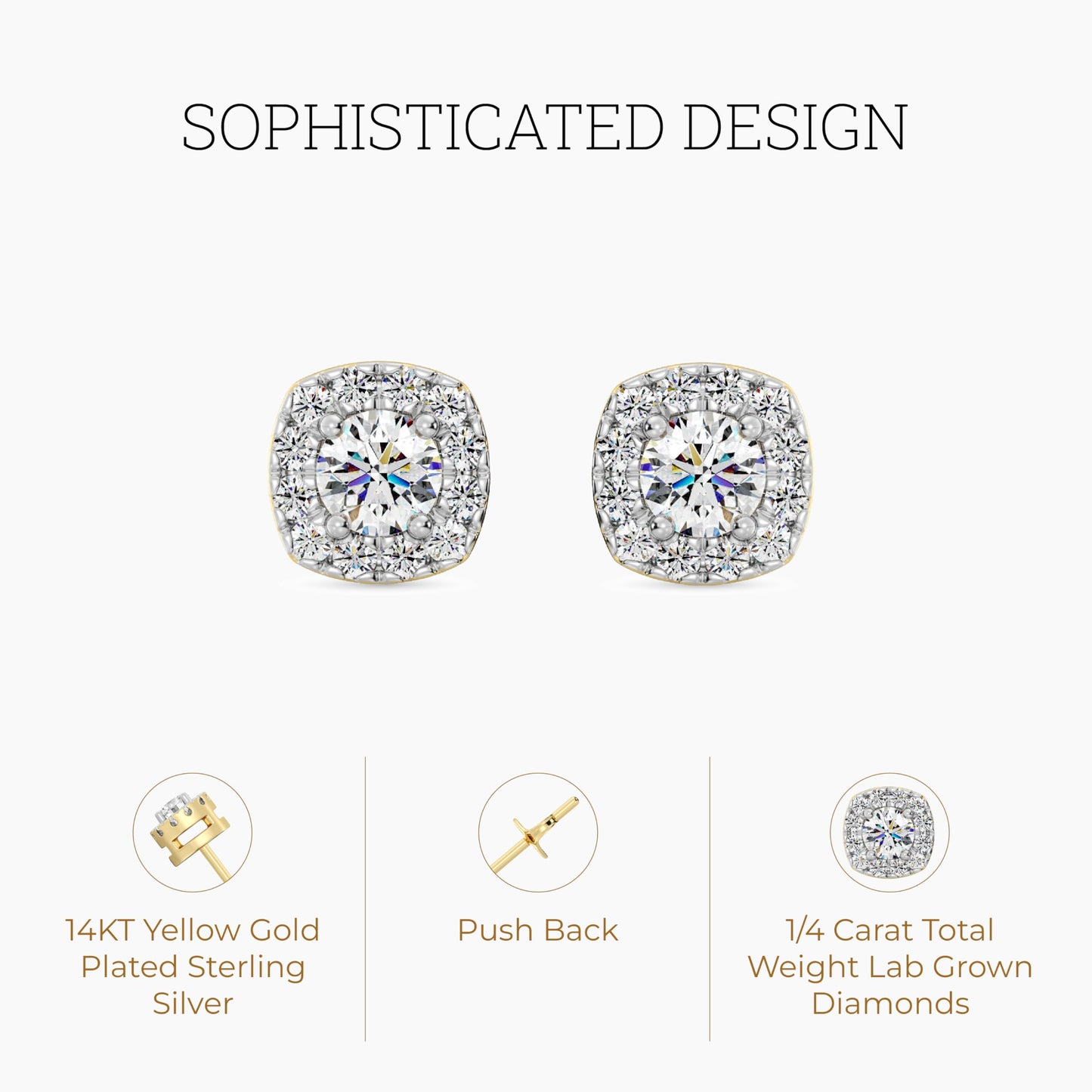 Gilded Lab-Grown Diamond Sterling Silver and 14KT Yellow Gold Plated Silver Stud Earrings for Women | Cushion Halo Shaped Studs | Hypoallergenic Fine Jewelry | Prong Setting, Push Back Nut | SI1 Clarity, F Color 1/4, 1/2, ,1 Carat Total Weight