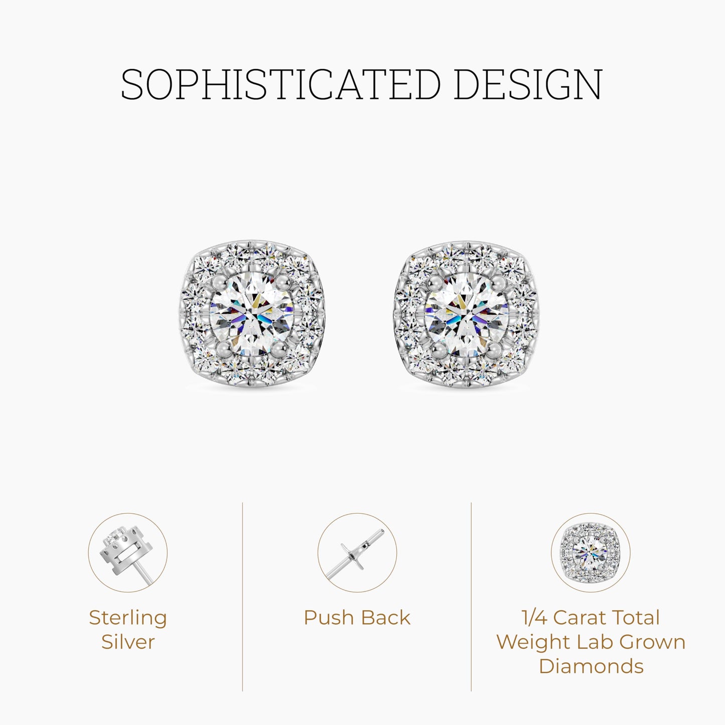 Gilded Lab-Grown Diamond Sterling Silver and 14KT Yellow Gold Plated Silver Stud Earrings for Women | Cushion Halo Shaped Studs | Hypoallergenic Fine Jewelry | Prong Setting, Push Back Nut | SI1 Clarity, F Color 1/4, 1/2, ,1 Carat Total Weight