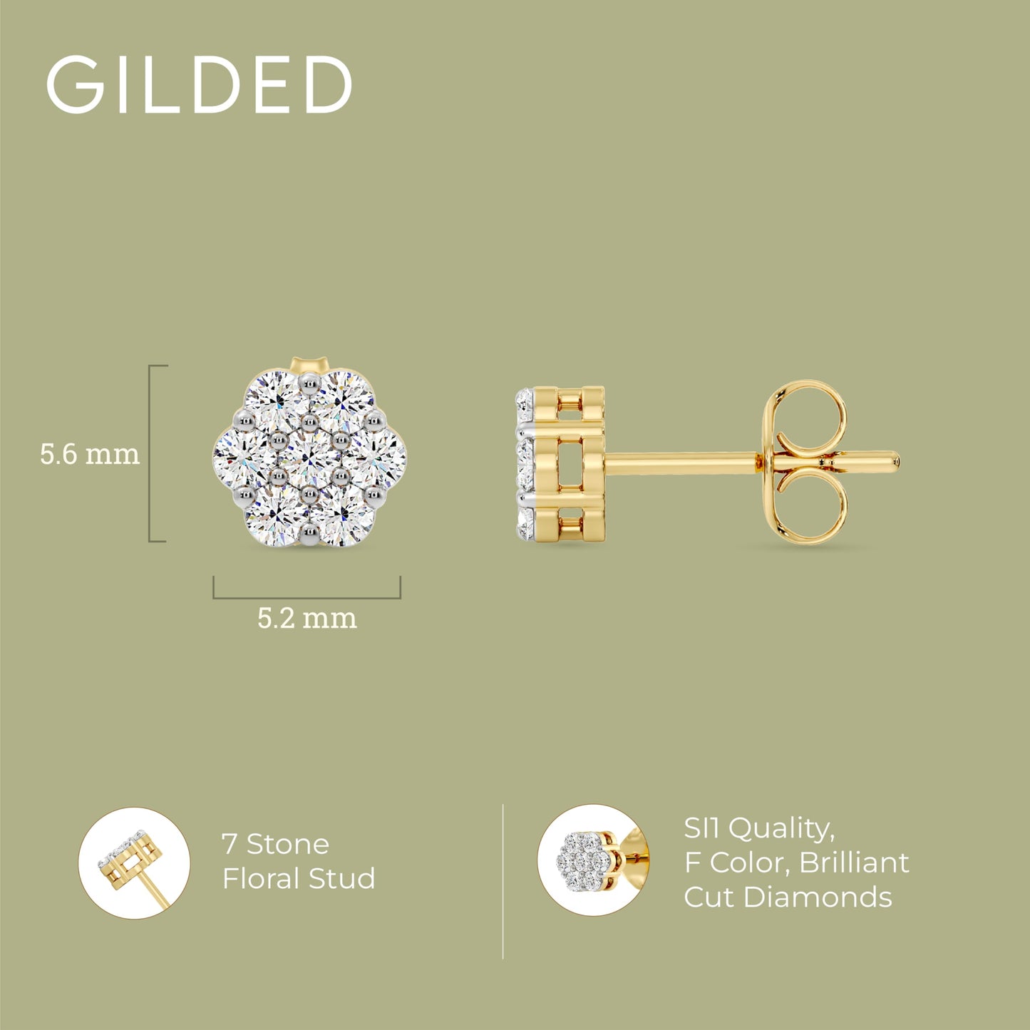 Gilded Lab-Grown Diamond 7 Stone Flower Earrings for Women in 925 Sterling Silver and 14KT Yellow Gold Plated Silver | Hypoallergenic Fine Jewelry | Hinged Closure | SI1 Clarity, F Color |1/4,1/2, 1,2 Carat Total Weight