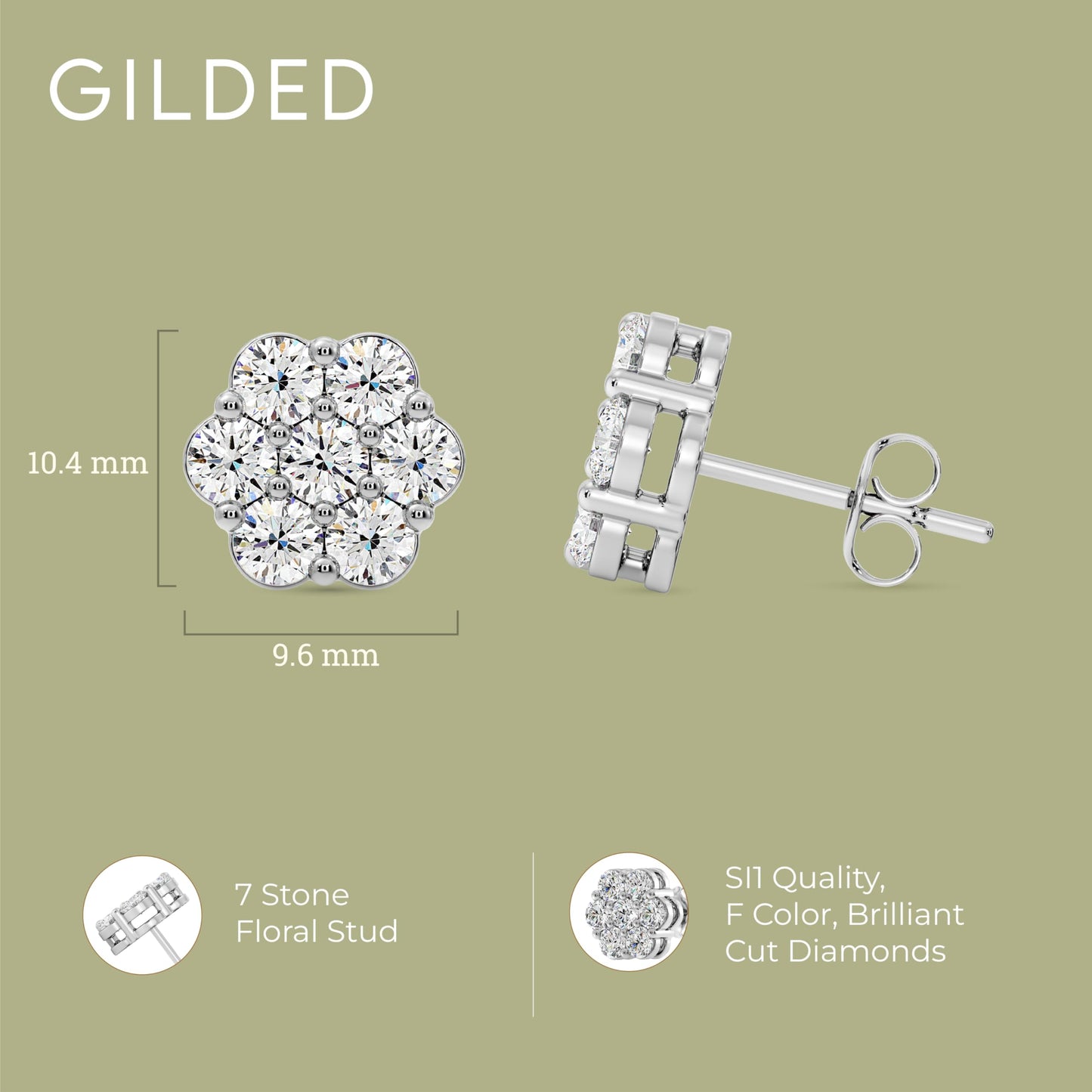Gilded Lab-Grown Diamond 7 Stone Flower Earrings for Women in 925 Sterling Silver and 14KT Yellow Gold Plated Silver | Hypoallergenic Fine Jewelry | Hinged Closure | SI1 Clarity, F Color |1/4,1/2, 1,2 Carat Total Weight