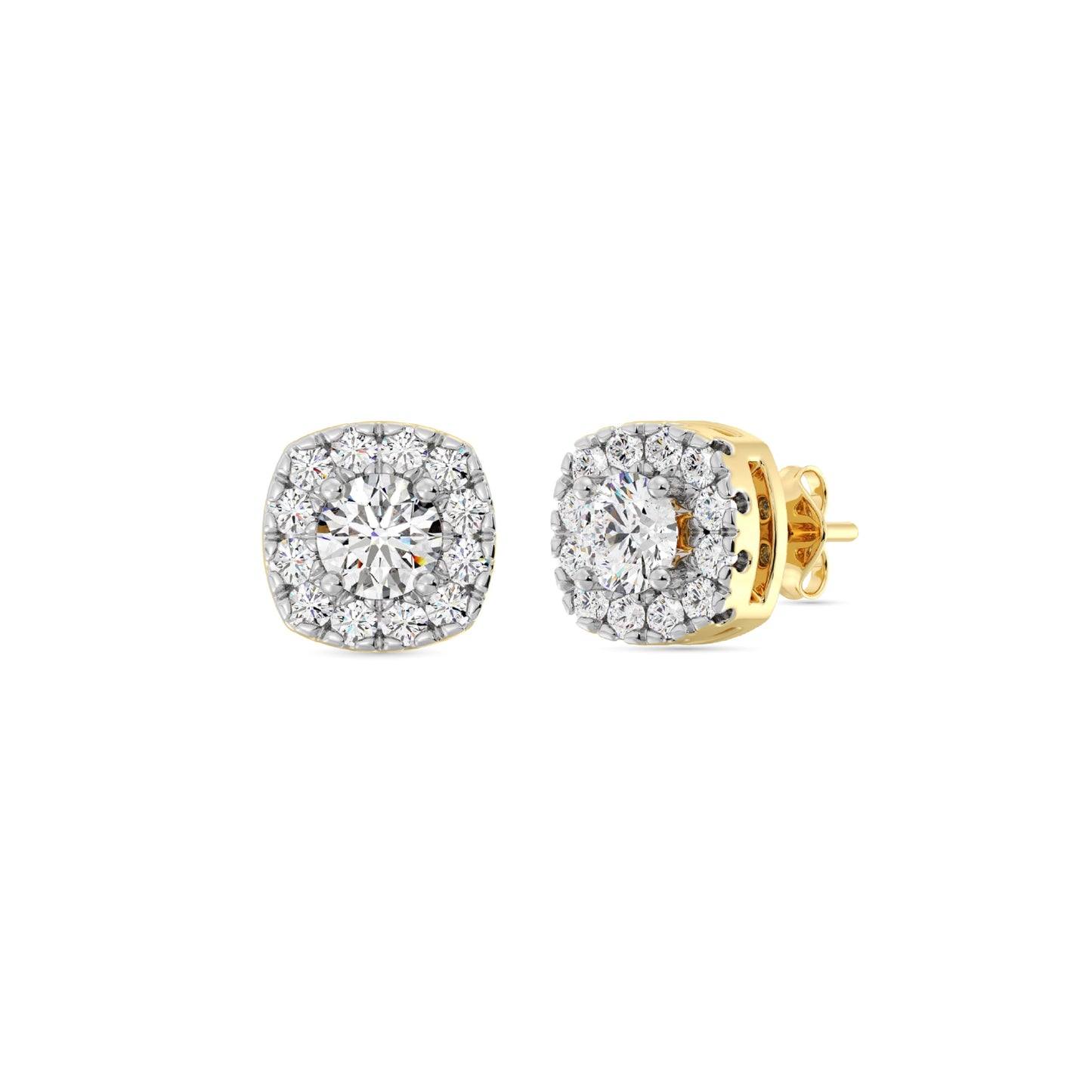 Gilded Lab-Grown Diamond Sterling Silver and 14KT Yellow Gold Plated Silver Stud Earrings for Women | Cushion Halo Shaped Studs | Hypoallergenic Fine Jewelry | Prong Setting, Push Back Nut | SI1 Clarity, F Color 1/4, 1/2, ,1 Carat Total Weight