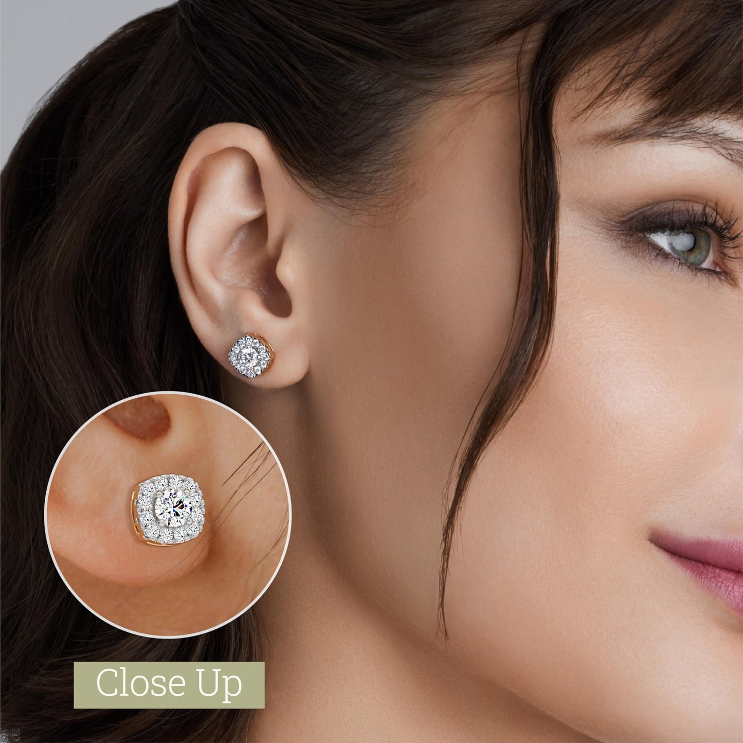 Gilded Lab-Grown Diamond Sterling Silver and 14KT Yellow Gold Plated Silver Stud Earrings for Women | Cushion Halo Shaped Studs | Hypoallergenic Fine Jewelry | Prong Setting, Push Back Nut | SI1 Clarity, F Color 1/4, 1/2, ,1 Carat Total Weight