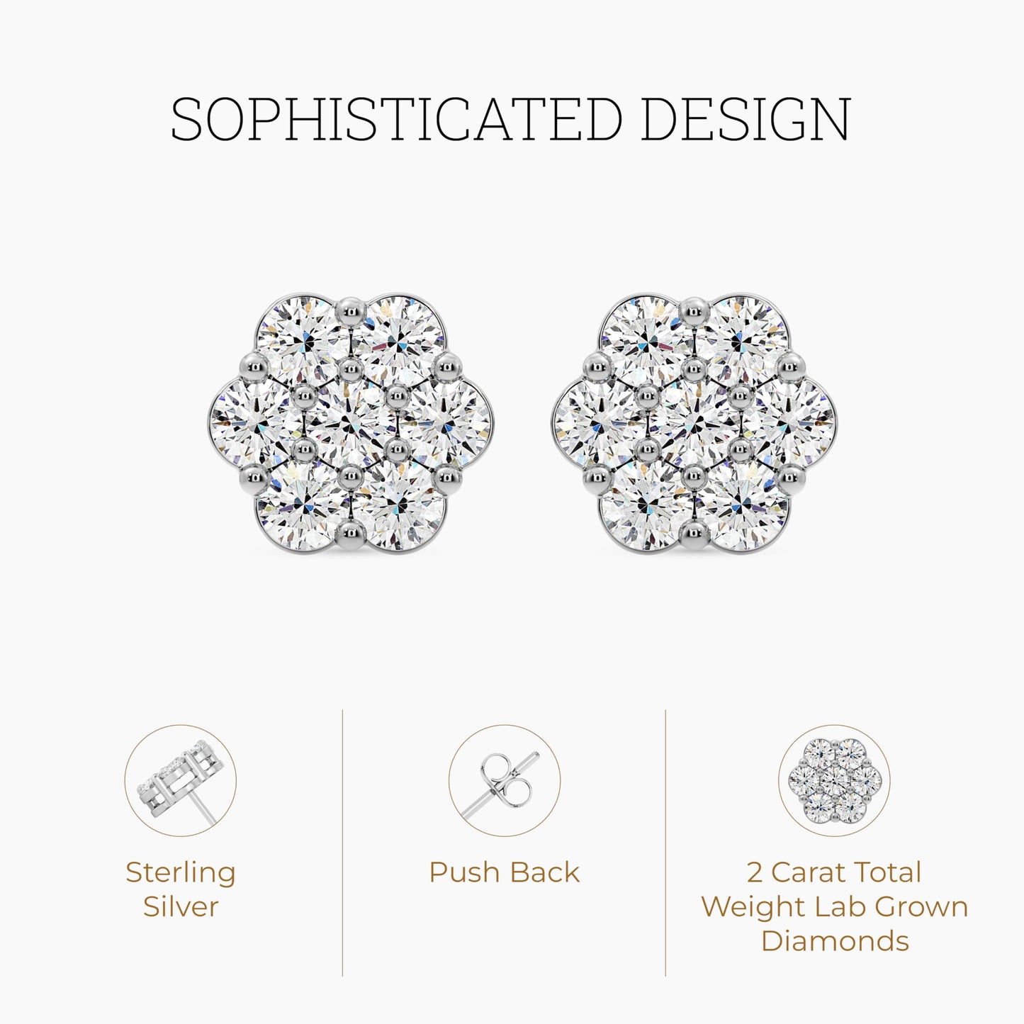 Gilded Lab-Grown Diamond 7 Stone Flower Earrings for Women in 925 Sterling Silver and 14KT Yellow Gold Plated Silver | Hypoallergenic Fine Jewelry | Hinged Closure | SI1 Clarity, F Color |1/4,1/2, 1,2 Carat Total Weight
