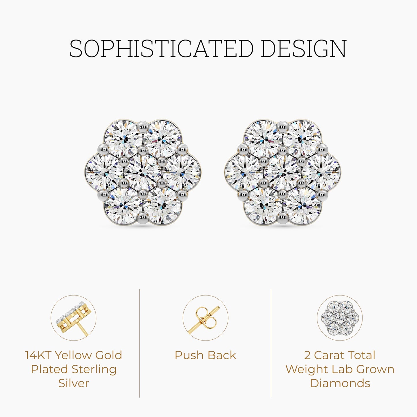 Gilded Lab-Grown Diamond 7 Stone Flower Earrings for Women in 925 Sterling Silver and 14KT Yellow Gold Plated Silver | Hypoallergenic Fine Jewelry | Hinged Closure | SI1 Clarity, F Color |1/4,1/2, 1,2 Carat Total Weight