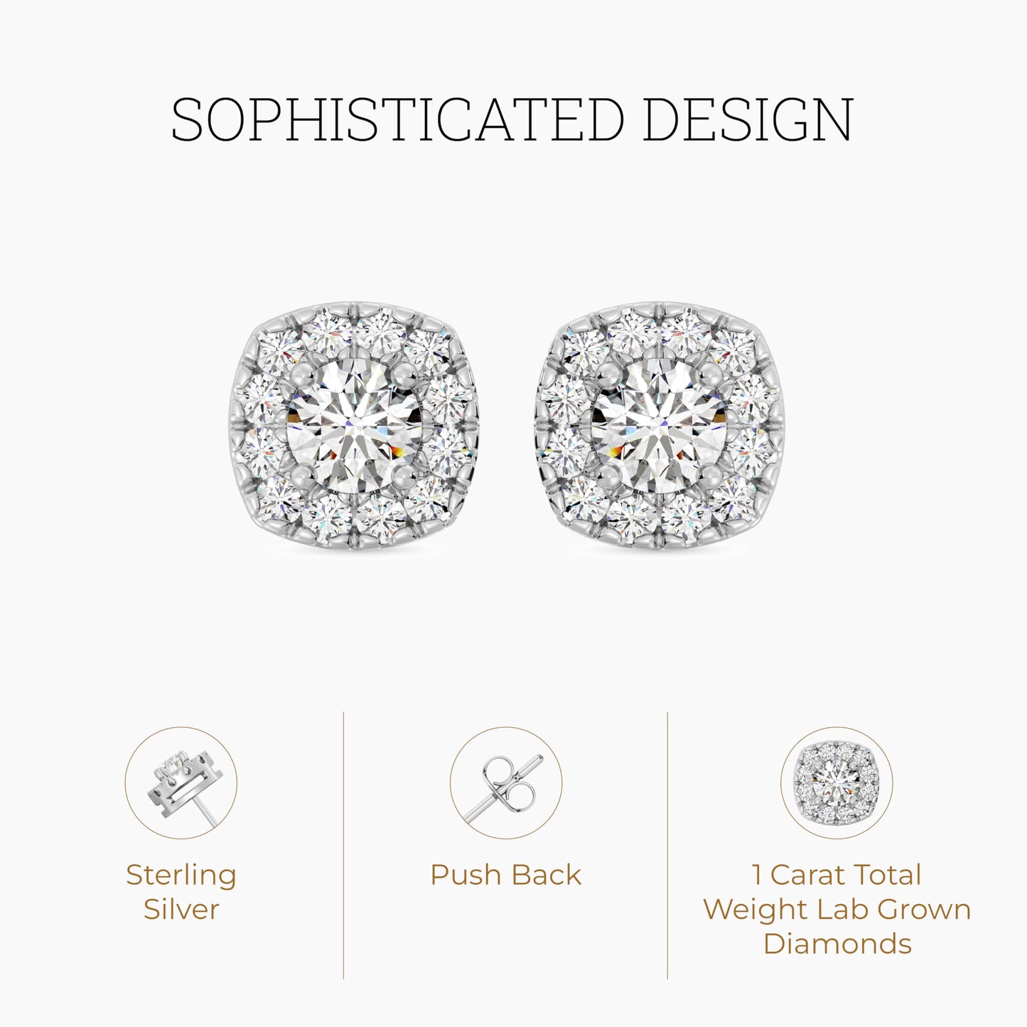 Gilded Lab-Grown Diamond Sterling Silver and 14KT Yellow Gold Plated Silver Stud Earrings for Women | Cushion Halo Shaped Studs | Hypoallergenic Fine Jewelry | Prong Setting, Push Back Nut | SI1 Clarity, F Color 1/4, 1/2, ,1 Carat Total Weight